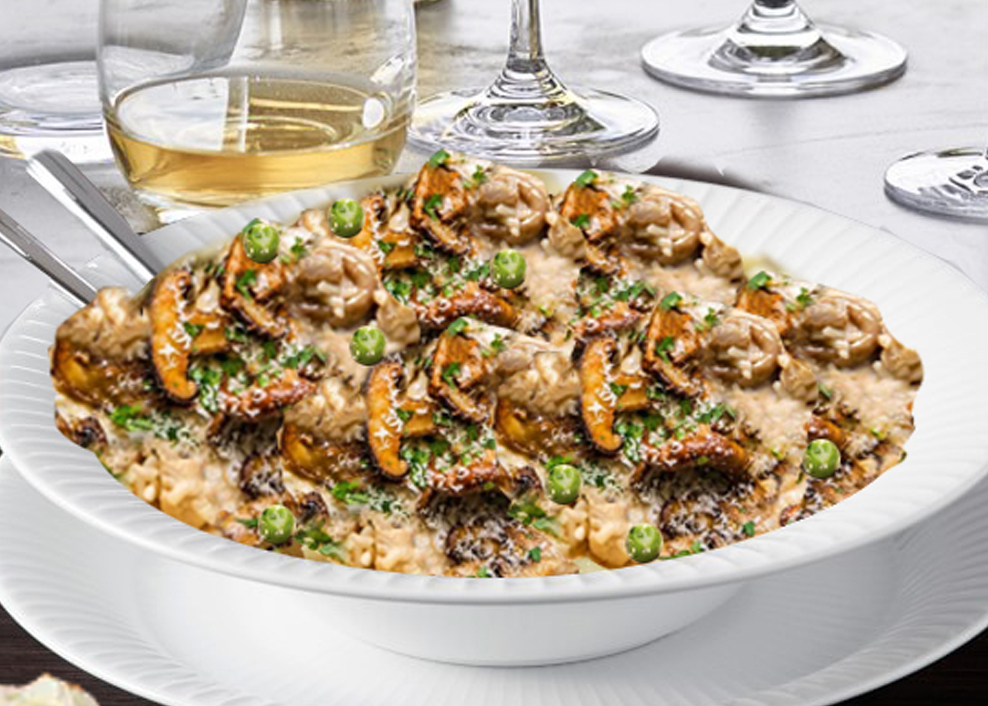 A bowl of rice and mushrooms with wine.