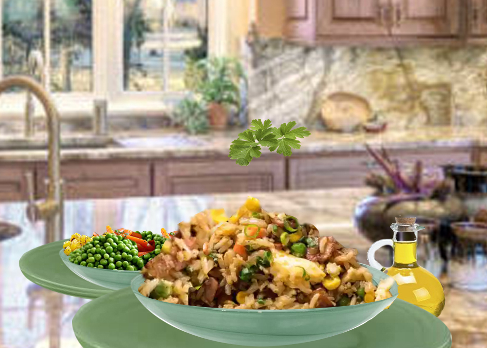 A bowl of food on top of a table.