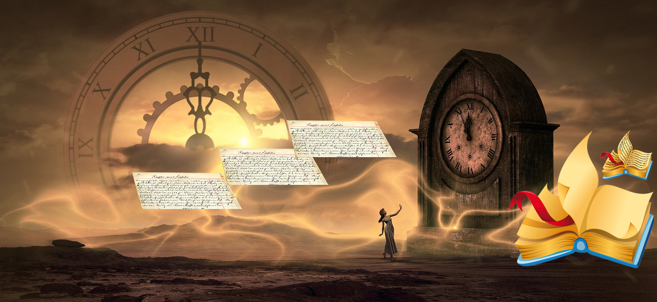 A woman standing in front of a clock with papers flying out.