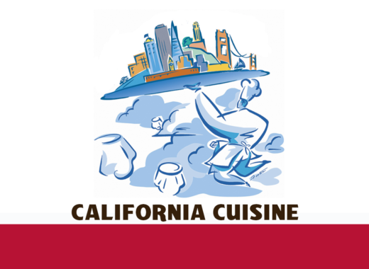 A cartoon of a city and seagulls with the words california cuisine underneath.