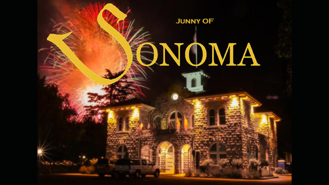 A building with fireworks in the background and words " journey of sonoma ".