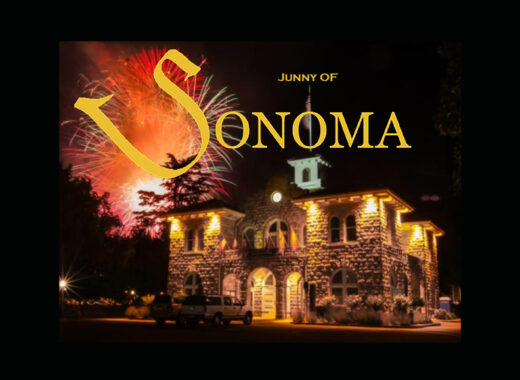 A building with fireworks in the background and words " journey of sonoma ".